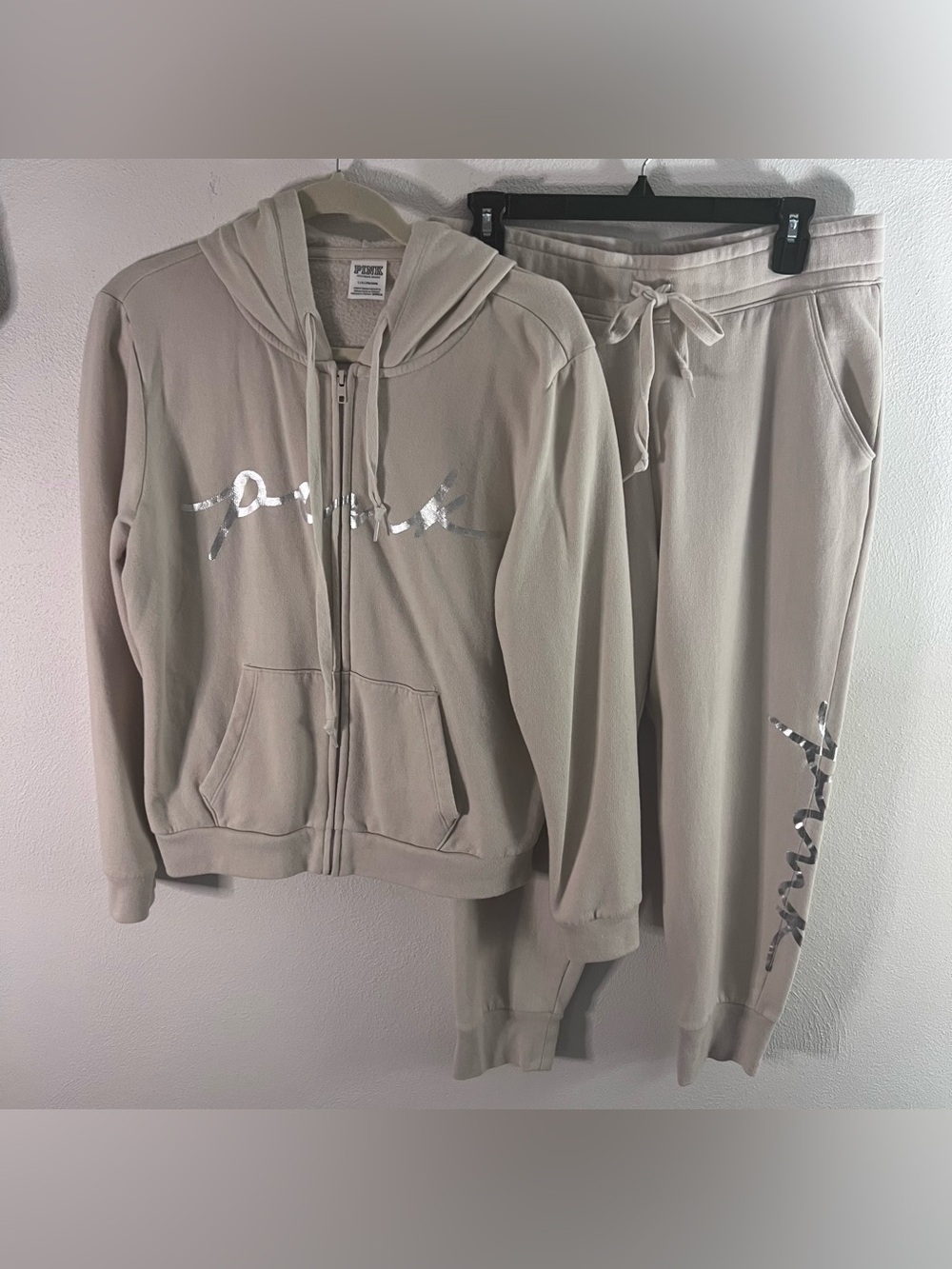 PINK Victoria's Secret Cream Zip Hoodie & Jogger Set
